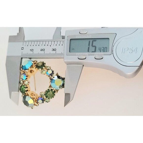 Signed Austria Gold Tone Blue Green Rhinestone Heart Brooch M469 - Picture 8 of 9